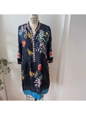 JOHNNY WAS Silk  Embroidered Navy Boho Dress/Tunic Size Small